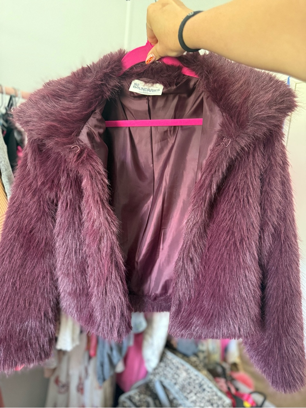 No Boundaries Plush Faux Fur Jacket in Plum